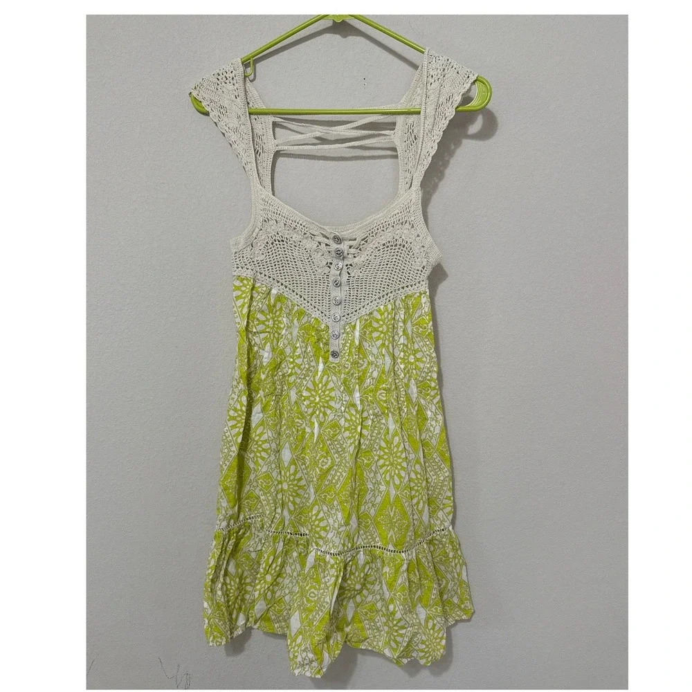 Free People Crochet and Fabric Mini Dress Size Small Lime Green Boho READ